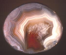 Agate, bottomlands of Lake Superior off Keweenaw Point, Keweenaw County, Michigan.  Agate, bottomlands of Lake Superior off Keweenaw Point, Keweenaw County, Michigan. Collected by diver Bob Barron. Donor: members of the A. E. Seaman Mineral Museum. Specimen 5.5 cm wide. Photo by J. Jaszczak. (DM 25600)