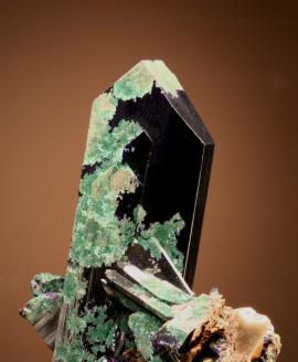 Azurite, Tsumeb, Namibia. A superb azurite crystal with partial alteration to malachite. Donor D. Gabriel. Specimen 8 cm tall. Photo by G. Robinson. (DCG 755)