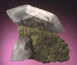 Celestine, Rockwood Quarry, Wayne County, Michigan. Celestine, Rockwood Quarry, Wayne County, Michigan. A sharp, doubly terminated crystal of gray-blue celestine perched on limestone matrix. Donor: S. Dyl. Specimen 6 cm wide. Photo by J. Jaszczak. (DM 23205)