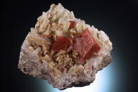 Rhodochrosite, Climax Mine, Lake Co., Colorado.  Rhodochrosite, Climax Mine, Lake Co., Colorado. Rare crystals of rhodochrosite on quartz crystals from a lesser known Colorado rhodochrosite locality. Donor: A. and C. Hammond in memory of E. Bekkala. Specimen 11.5 cm wide. Photo by C. Stefano. (DM 31235)