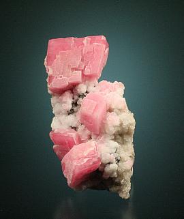 Rhodochrosite, Grizzly Bear Mine, Ouray, Colorado.  Rhodochrosite, Grizzly Bear Mine, Ouray, Colorado. Fine rhodochrosite crystals from an early Colorado rhodochrosite locality. Specimen 8 cm tall. Photo by G. Robinson. (JTR 949)