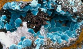 Rosasite, Mapimi, Durango, Mexico.  Rosasite, Mapimi, Durango, Mexico. Velvety balls of rosasite with hemimorphite. Donor: S. A. Williams. Field of view 4 cm wide. Photo by G. Robinson. (DM 439)
