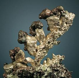 Silver and copper, Wolverine Mine Houghton County, Michigan.  Silver and copper, Wolverine Mine Houghton County, Michigan. Silver crystals tipped with copper crystals with an unusually artistic arrangement. Field of 7 cm across. Photo by G. Robinson. (JTR 411)