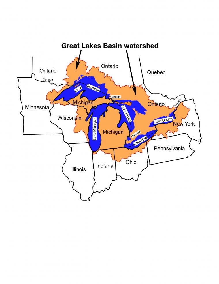 Map of the Great Lakes Basin watershed.